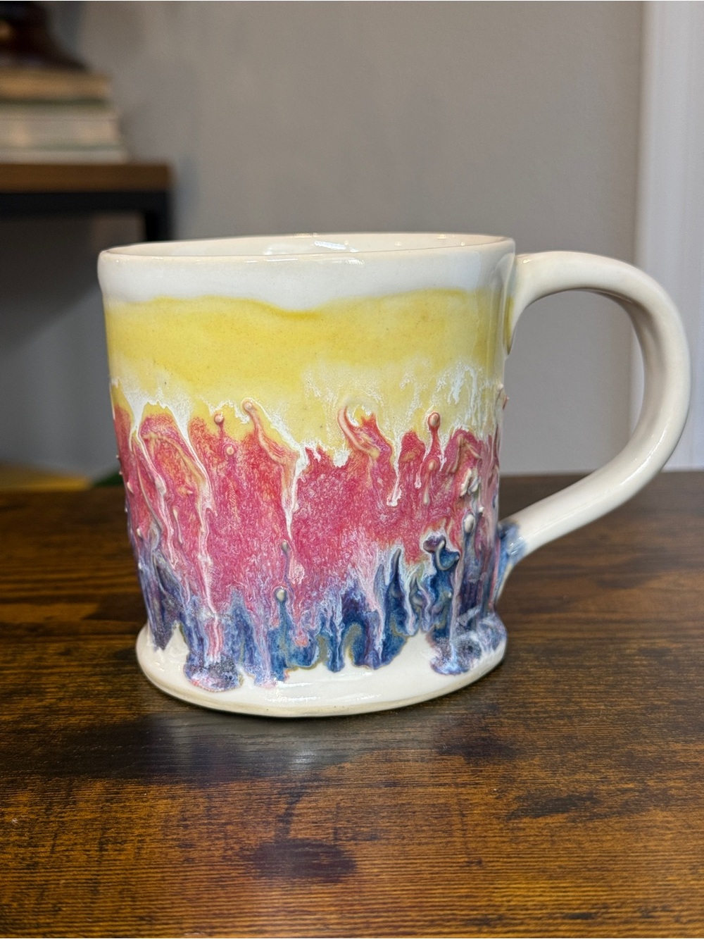 Bird in Hand Studio Pottery Mug Handmade Drip Glaze Colorful Art Pottery Bird